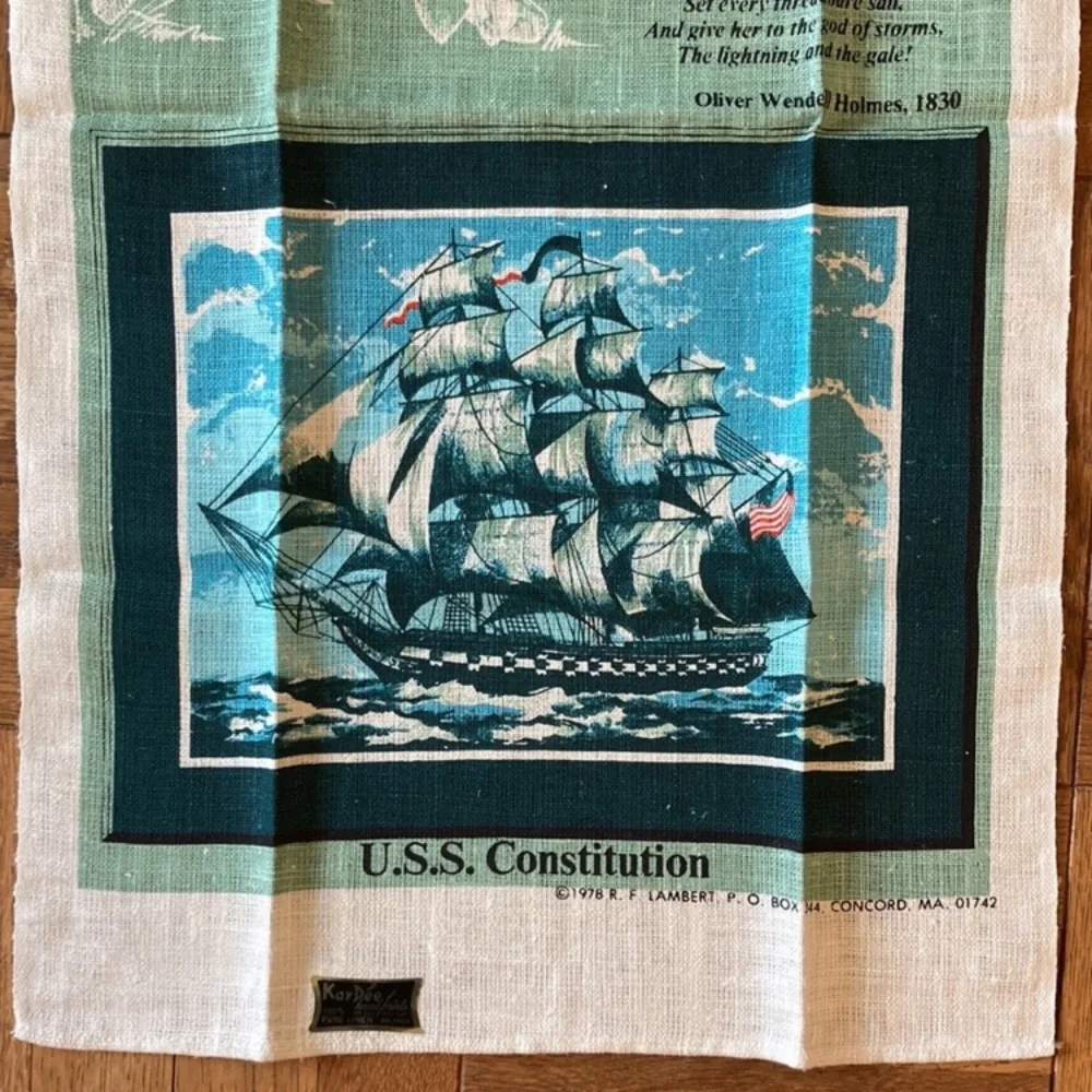 1970s 2 unused linen kitchen towels, Old Ironsides, USS Constitution, with poem
